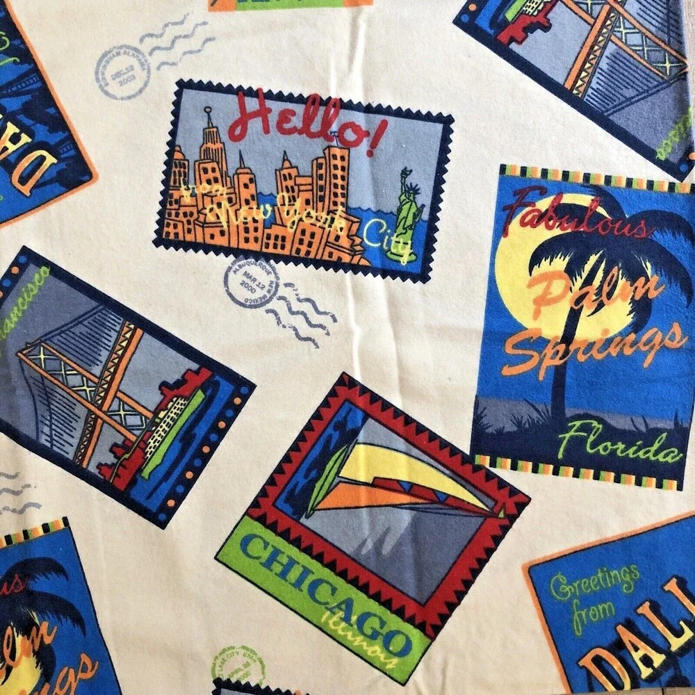 JCPenney Flannel Pillow Cases Retro USA Travel Postcard Queen Sz Retro Set of 2